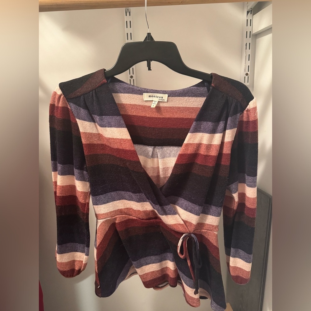 Monteau Women’s Long Sleeve Striped Top Size Small Faux Wrap Detail